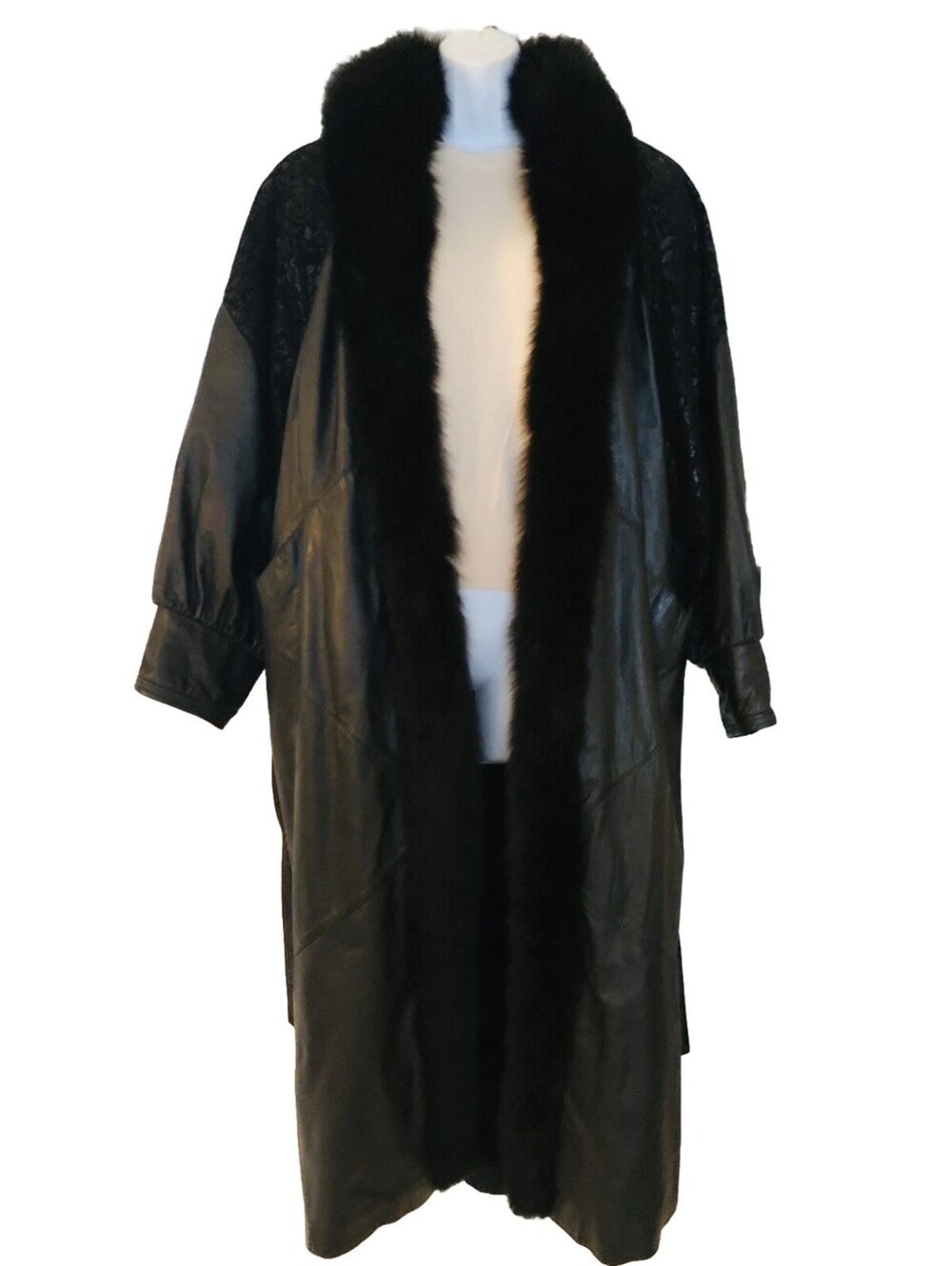 Vtg Embroidered Sleeves Black Leather Fur-Lined /Trimmed Fox Long Coat L/XL